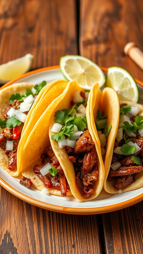 Delicious Taco de 5 Plateado Recipe A close-up of Taco de 5 Plateado with beef, onions, and cilantro on corn tortillas, garnished with lime.
